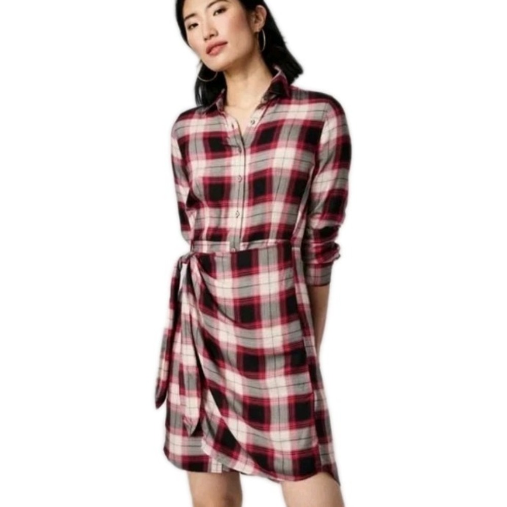 Untuckit Dress Size 6 Red Black Plaid Rachel Wrap Long Sleeve Shirt Dress